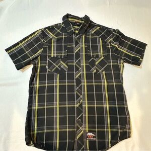 No Fear Plaid Button‑Up Shirt – Black Yellow Checkered Skater Grunge Top